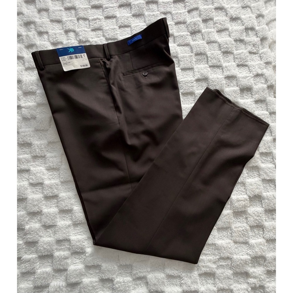 NWT- Egara Mens 42W 100% Wool Dress Pants Brown Flat Front Unfinished Hem